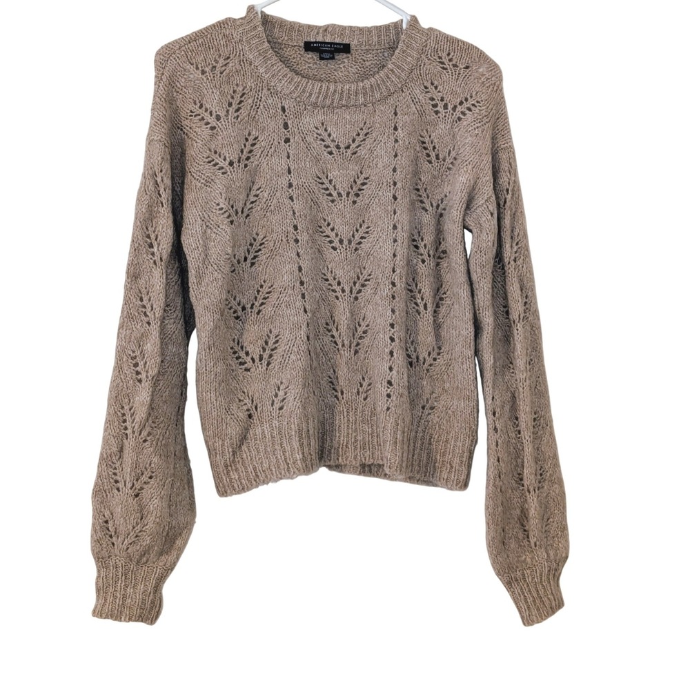 American Eagle Cropped Pointelle Knit Sweater Tan Wool Blend Small Crew Neck